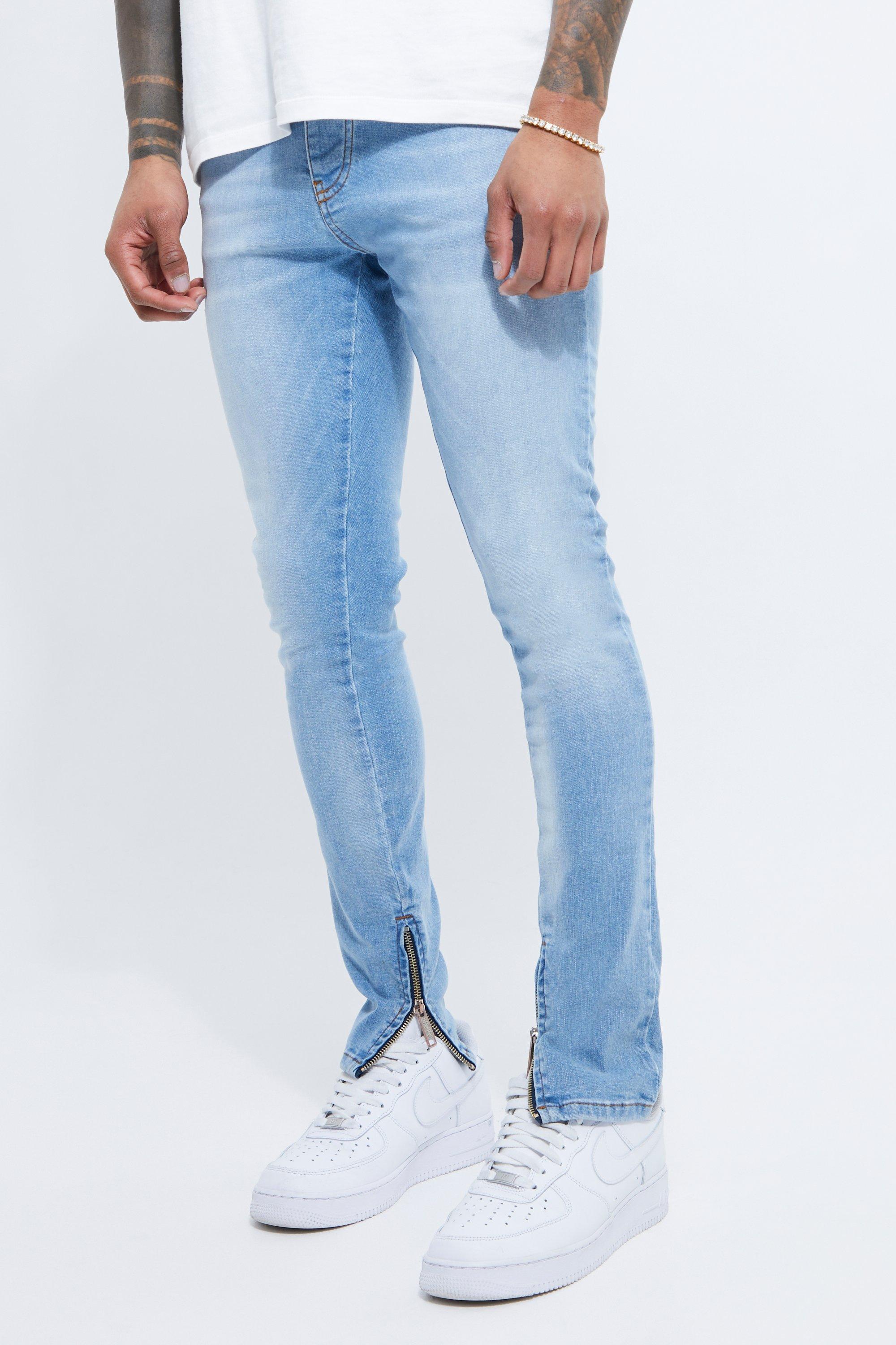 Super Skinny Stretch Jeans With Zip Hem | boohooMAN USA